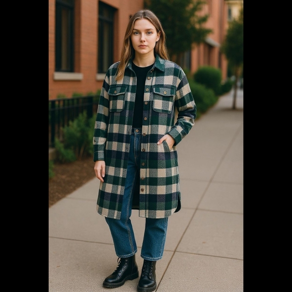 Plaid Flannel Shacket Jacket Oversized Button Up Blue Green XS Women's Grunge - Picture 1 of 12
